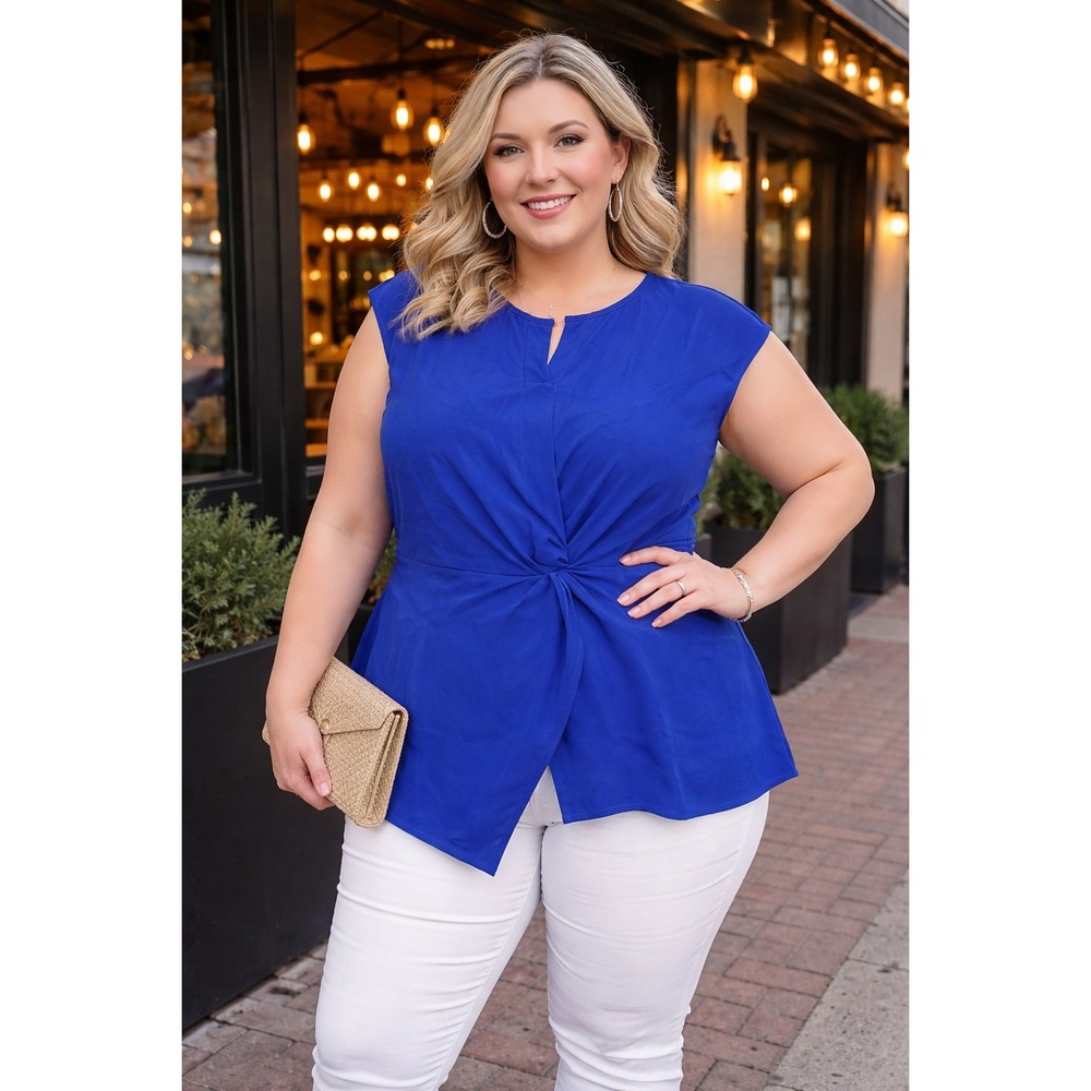 Emery Rose Royal Blue Front Twist Sleeveless Blouse Split Neck Top Plus Size 1XL